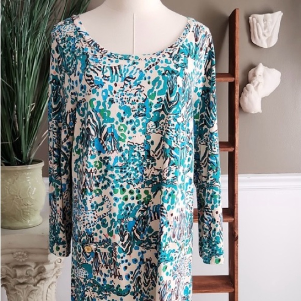🔥Lilly Pulitzer Green Tan Sheath Dress Long Sleeve Midi